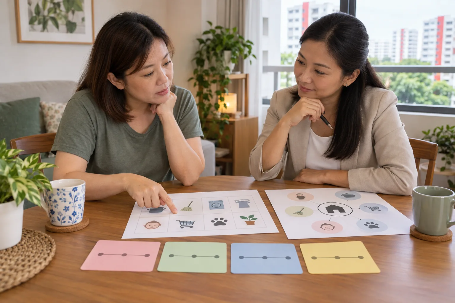A Singapore employer reviewing a household-needs questionnaire with an employment consultant