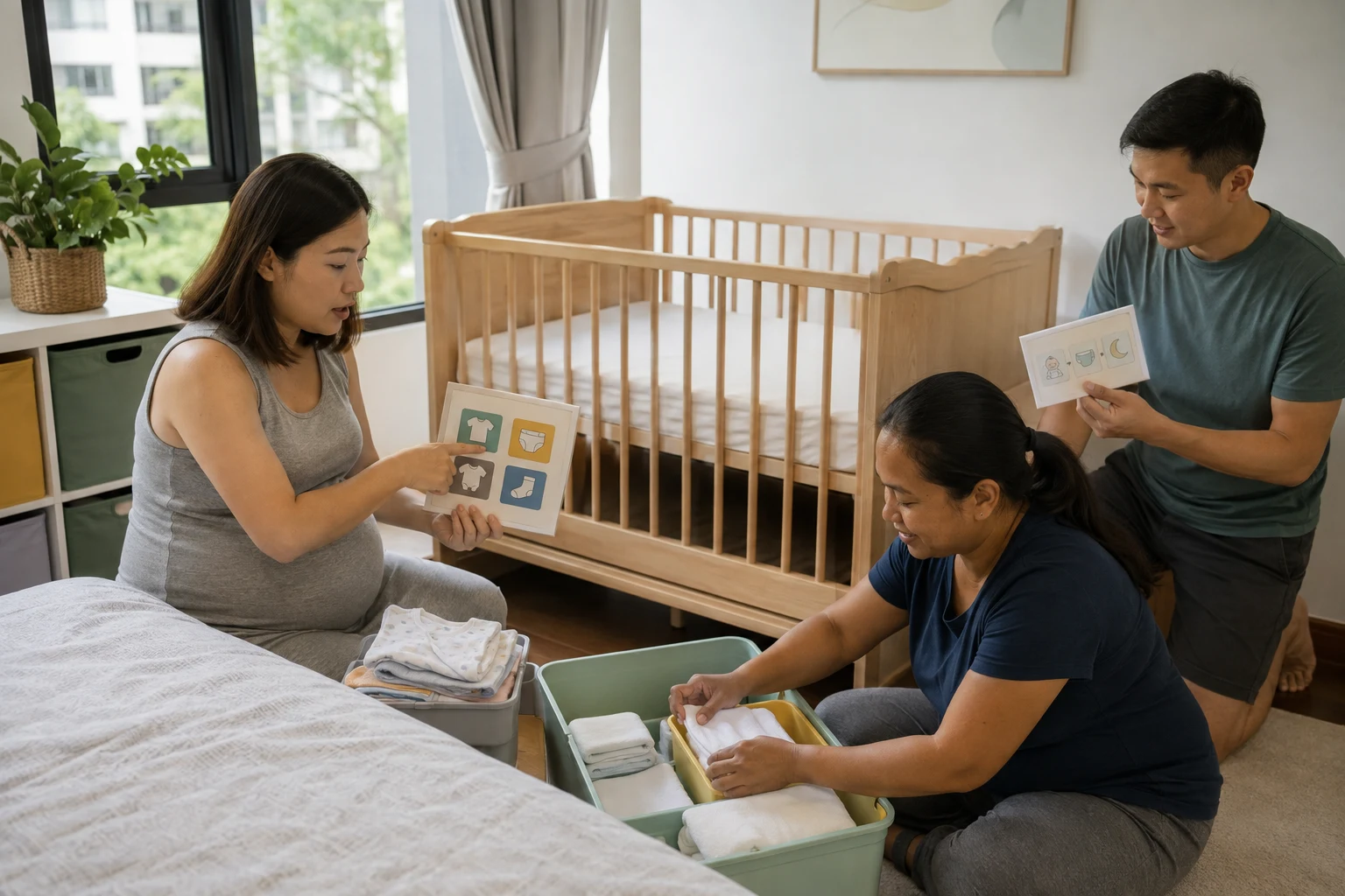 Expectant parents and a domestic helper preparing a calm newborn-care area in a Singapore home