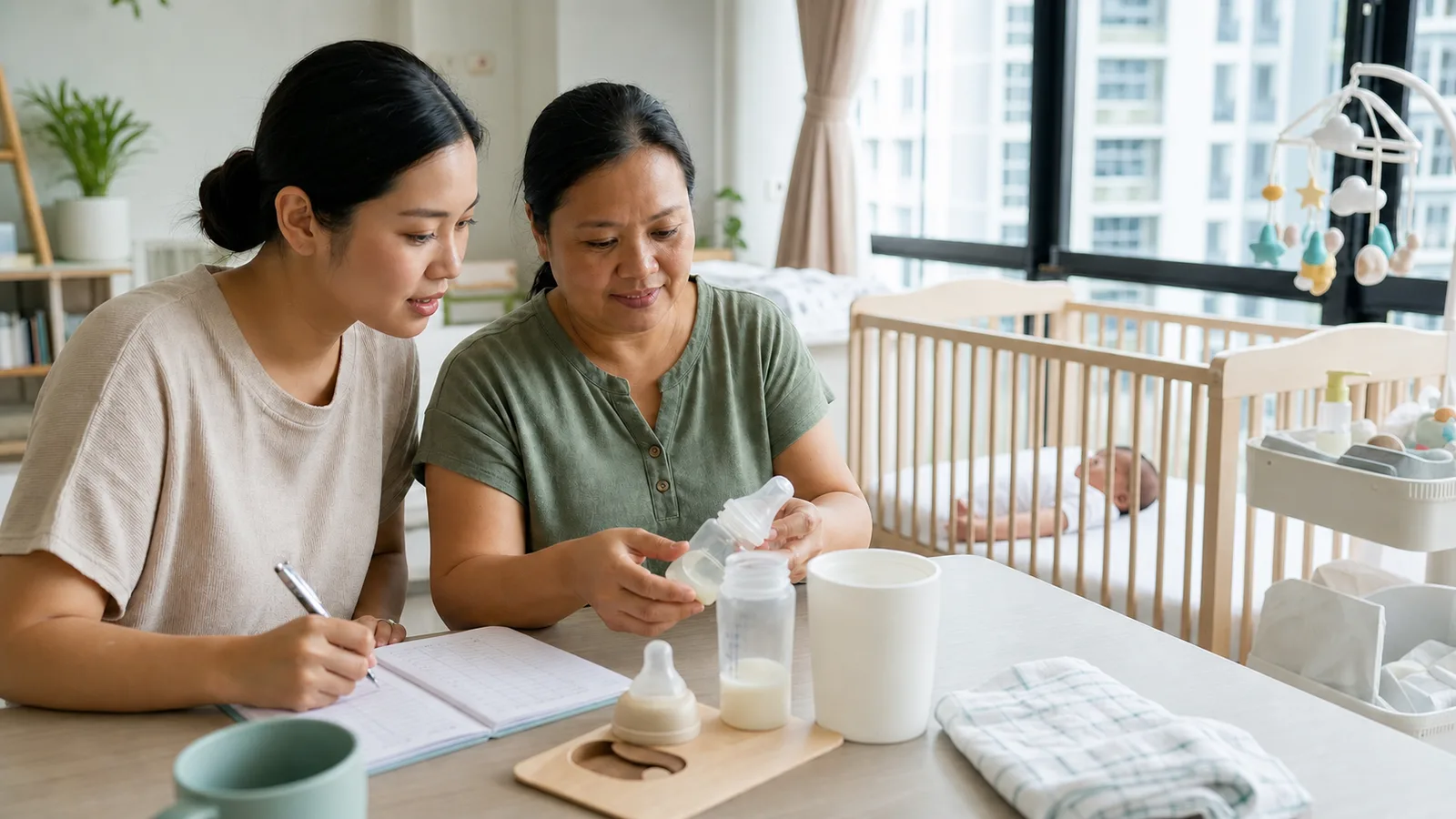 Domestic helper and parent discussing an infant care routine beside a cot in a Singapore home