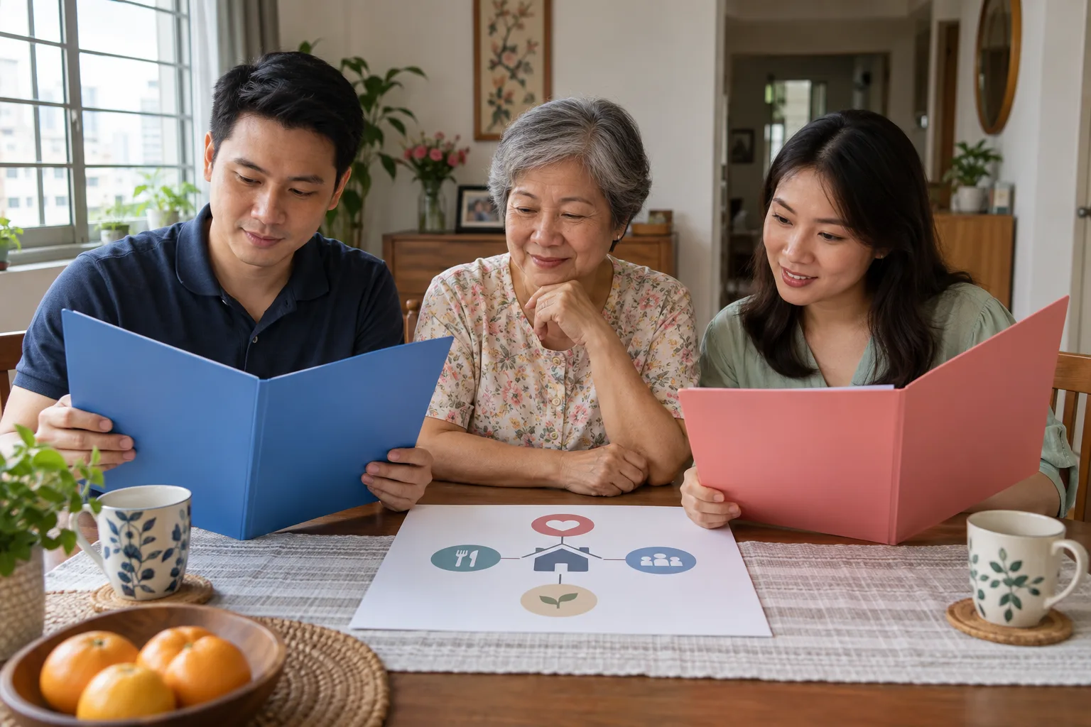 A multigenerational Singapore family comparing two household-support funding plans at a dining table