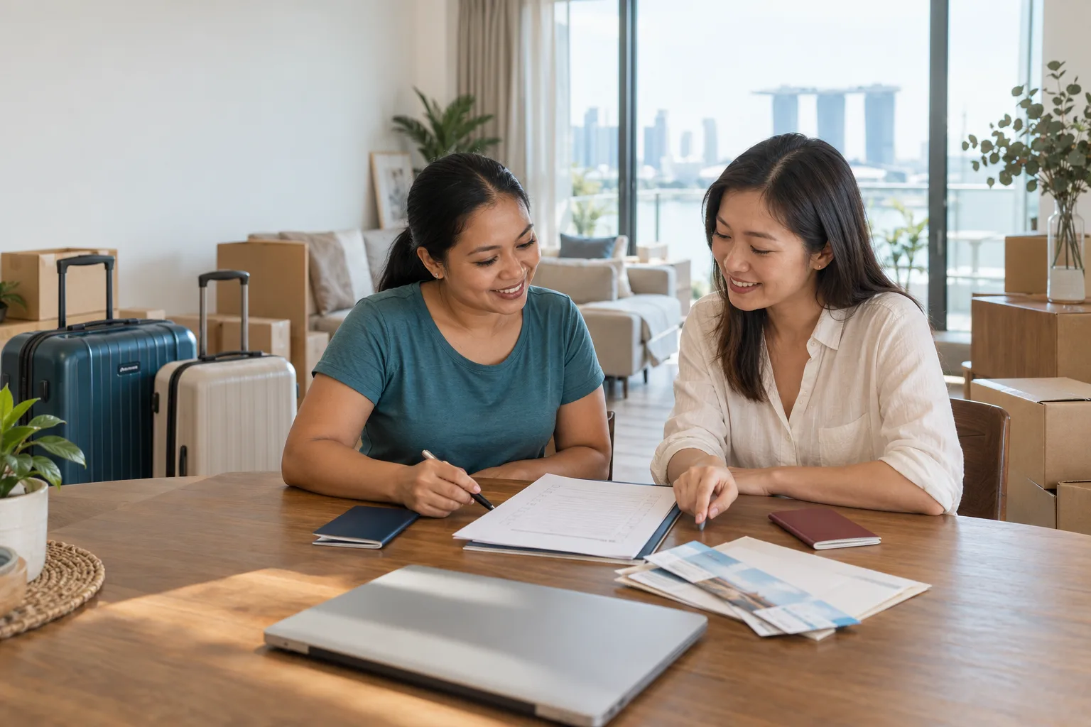 A Singapore employer and domestic helper planning an international relocation together beside packed suitcases