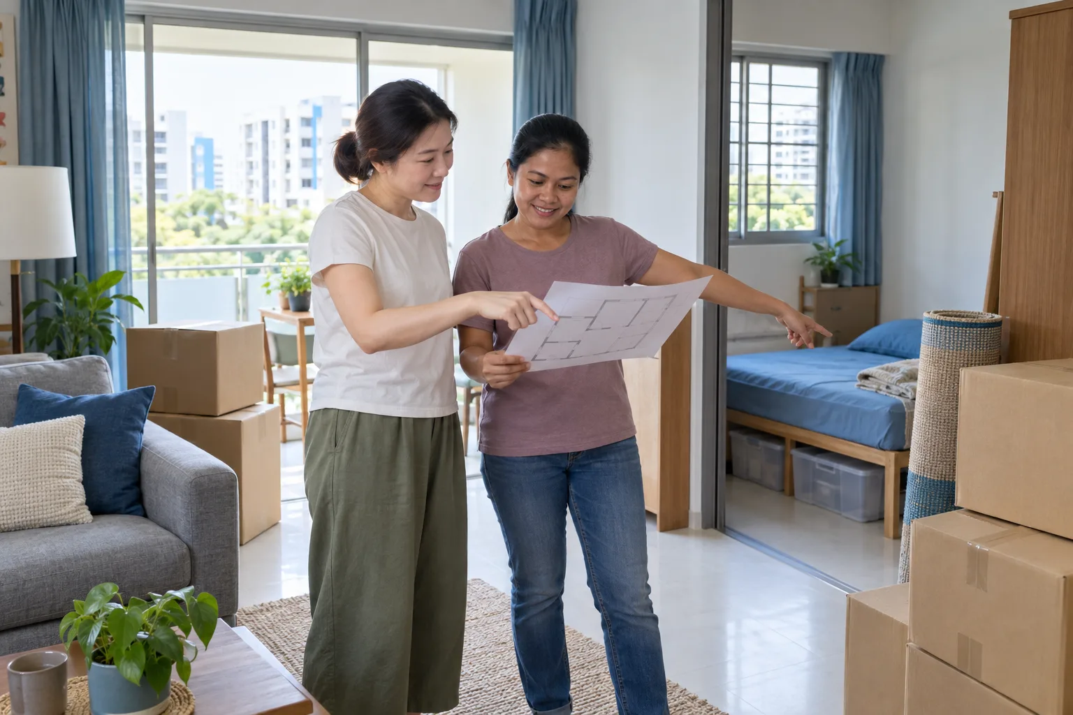 An employer and domestic helper planning room layout and routines beside moving boxes in a Singapore flat