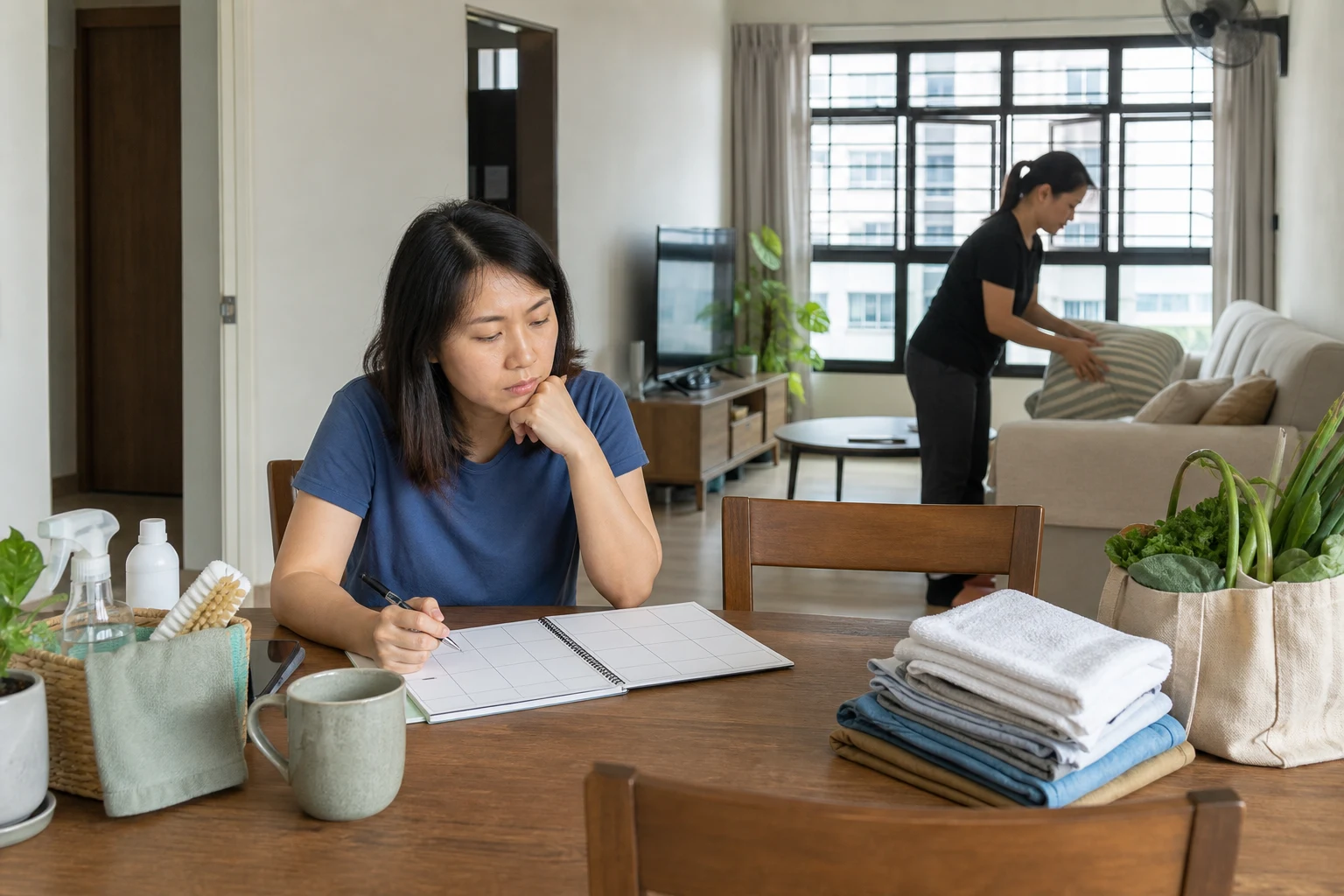 A Singapore homeowner reviewing a weekly household task schedule beside neatly arranged cleaning supplies