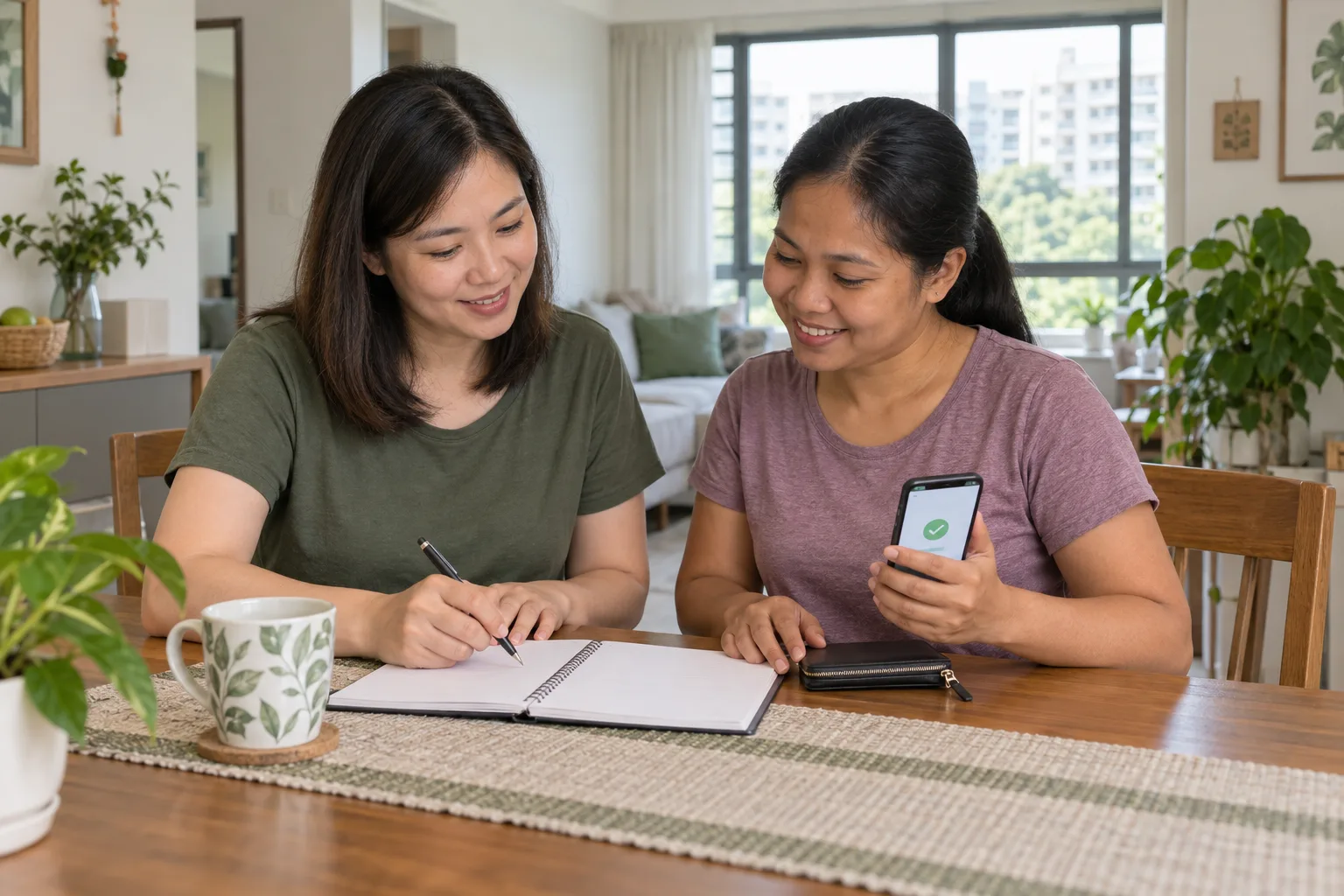 An employer and domestic helper reviewing a monthly salary payment record together in a Singapore home