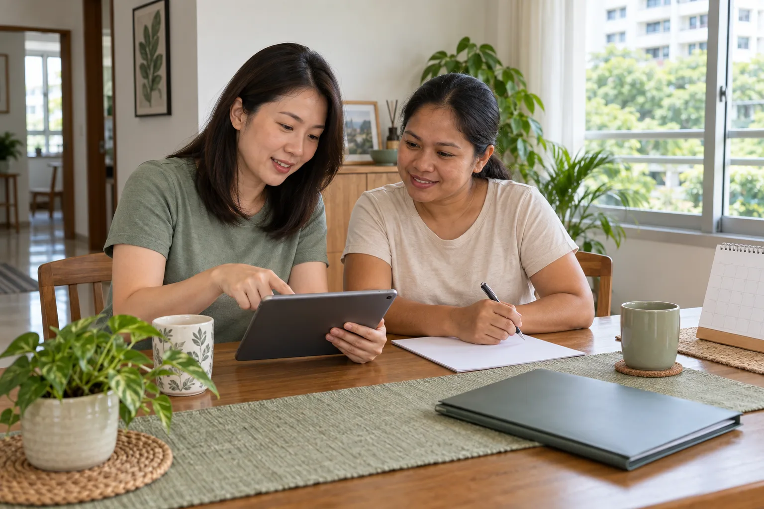 An employer and domestic helper reviewing a renewal timeline together at a dining table