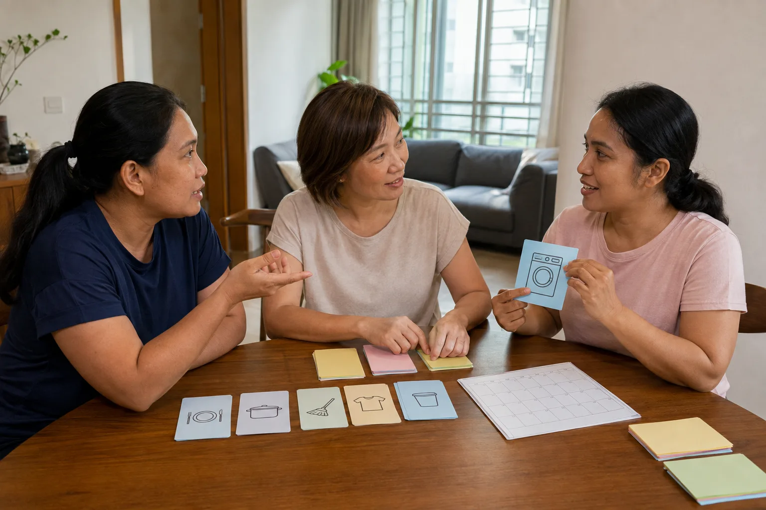 An employer, outgoing domestic helper and incoming domestic helper reviewing a household routine together