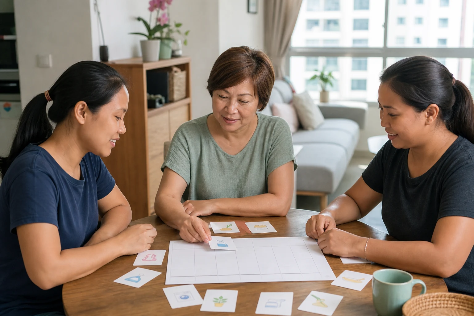 A Singapore employer and two domestic helpers discussing separate household responsibilities around a dining table