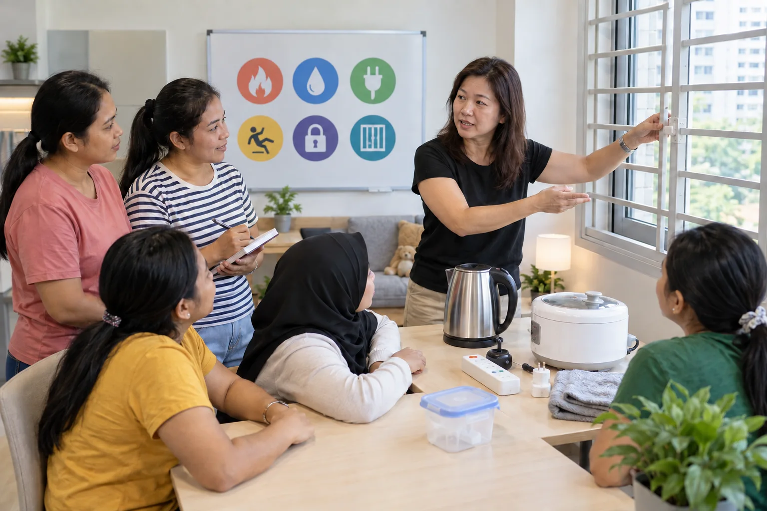 First-time domestic helpers attending a practical household safety lesson in a Singapore training room