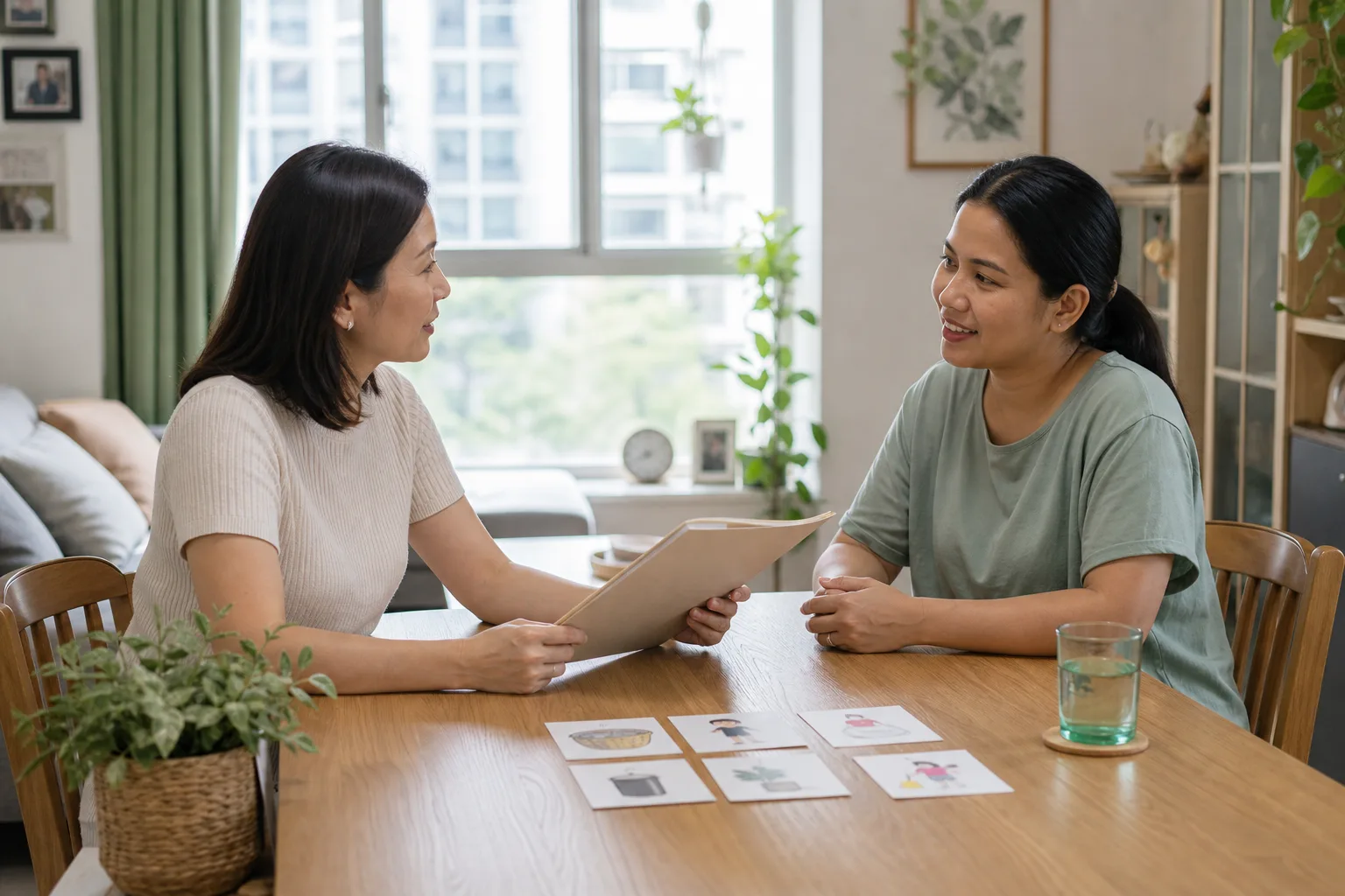 A single employer interviewing a domestic helper at a dining table in a Singapore flat