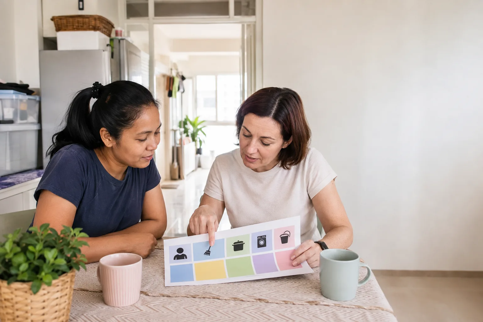 A foreign professional and domestic helper discussing a household plan at a dining table in a Singapore flat